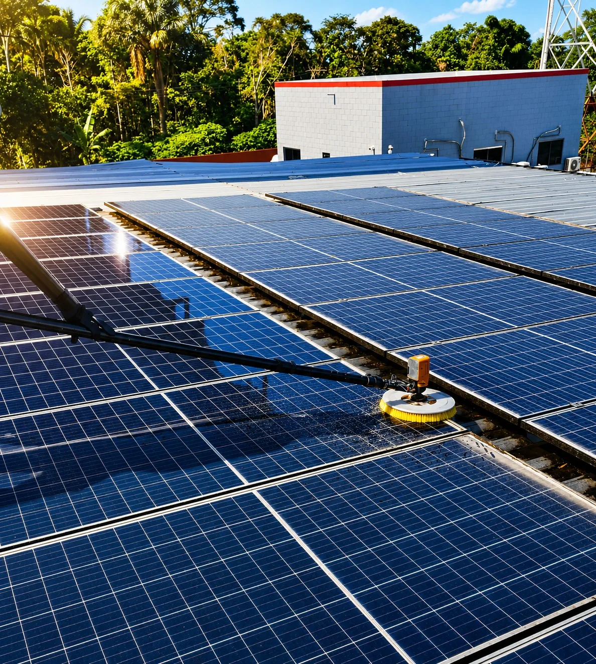 Limpeza de painéis solares em telhado